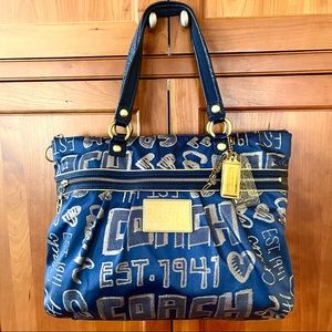 Coach Limited Edition Bag In Midnight Blue Canvas & Shimmering Gold Tone Print